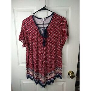 Westport Woman L Tee SS Boho Hipped V Tassel Neck V Hemline Casual